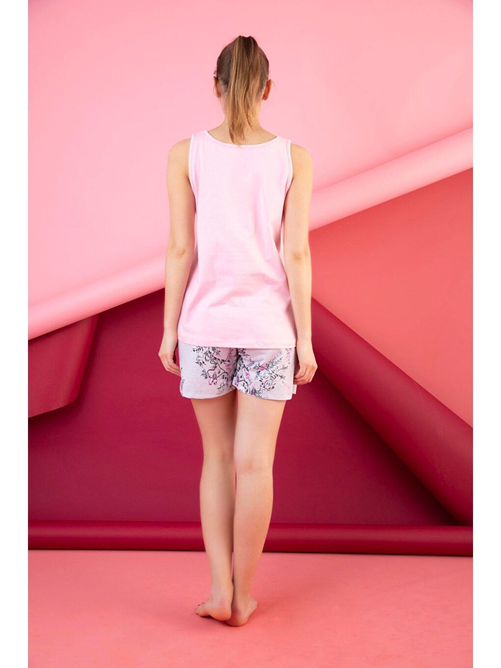 Pembe Pamuklu Baskılı Şort Takım-2