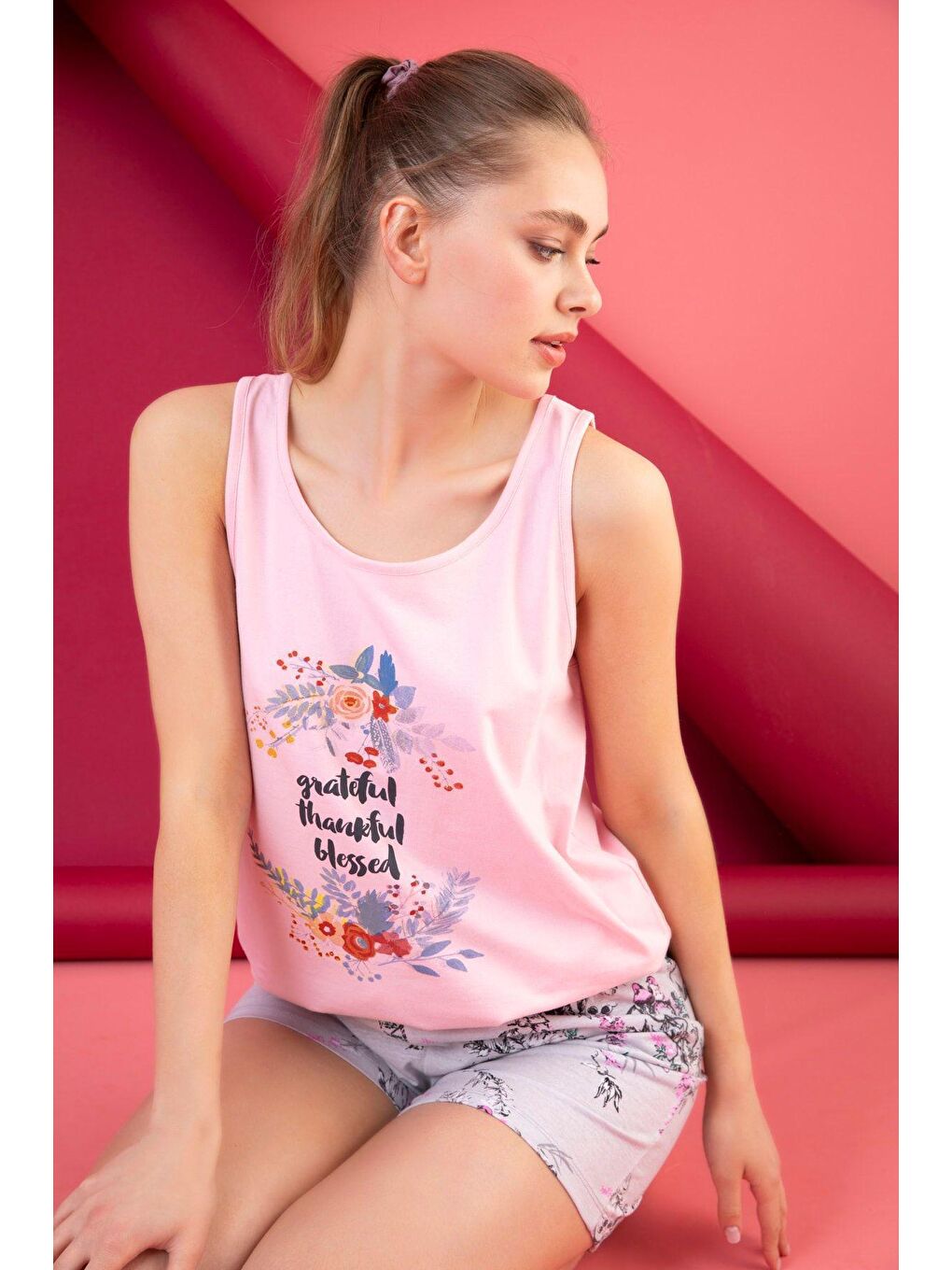 Pembe Pamuklu Baskılı Şort Takım-3