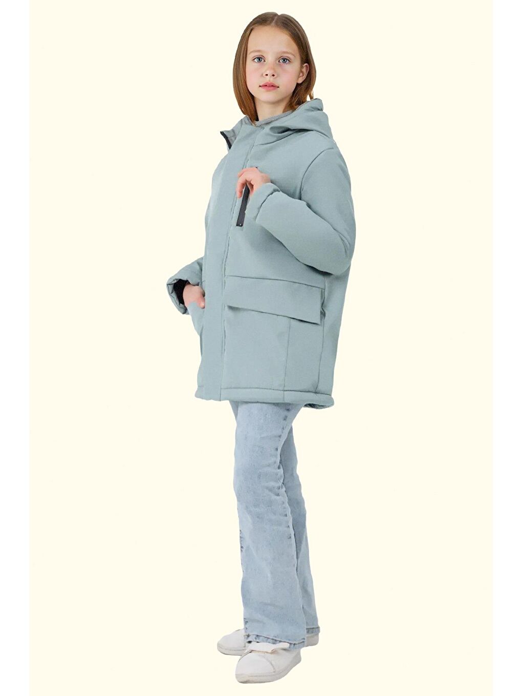 Yeşil Kız Çocuk Kürklü Su Ve Rüzgar Geçirmez Kapüşonlu 3 Kışlık Mont & Kaban & Parka-1