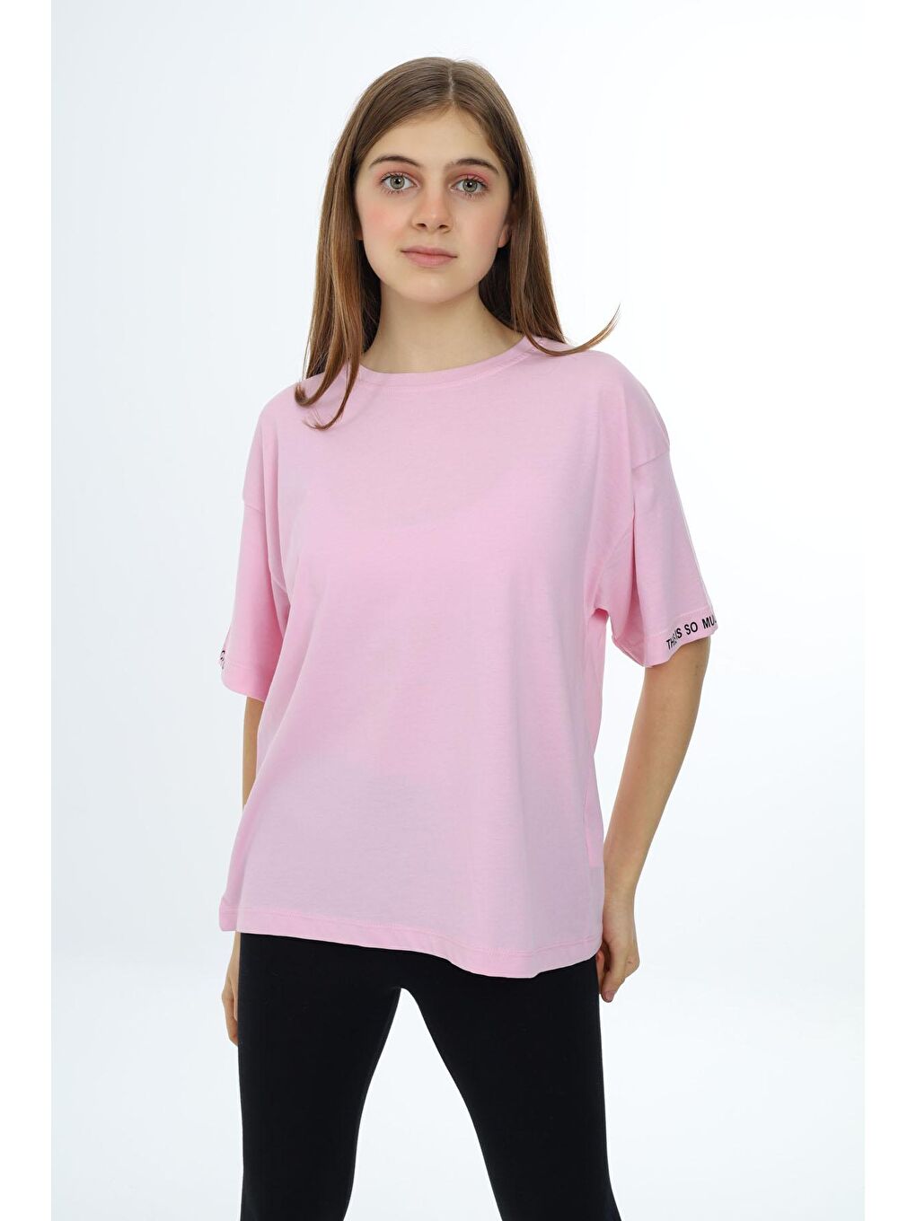 Açık Pembe Düz Bisiklet Yaka Kız Tişört 18039