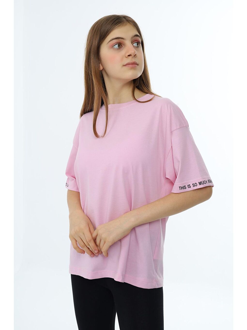 Açık Pembe Düz Bisiklet Yaka Kız Tişört 18039-1