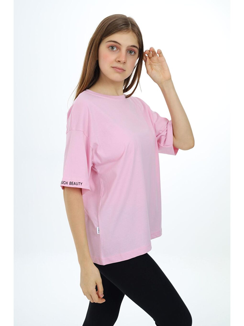 Açık Pembe Düz Bisiklet Yaka Kız Tişört 18039-2