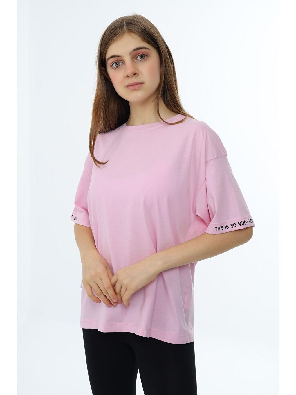 Açık Pembe Düz Bisiklet Yaka Kız Tişört 18039-4