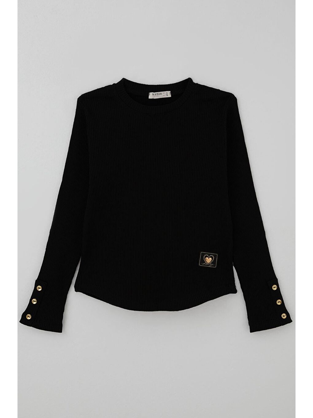 Kız Çocuk Uzun Kollu Tişört Kalp Armalı Kolları Düğme Aksesuar Detaylı Siyah (9-14 Yaş)