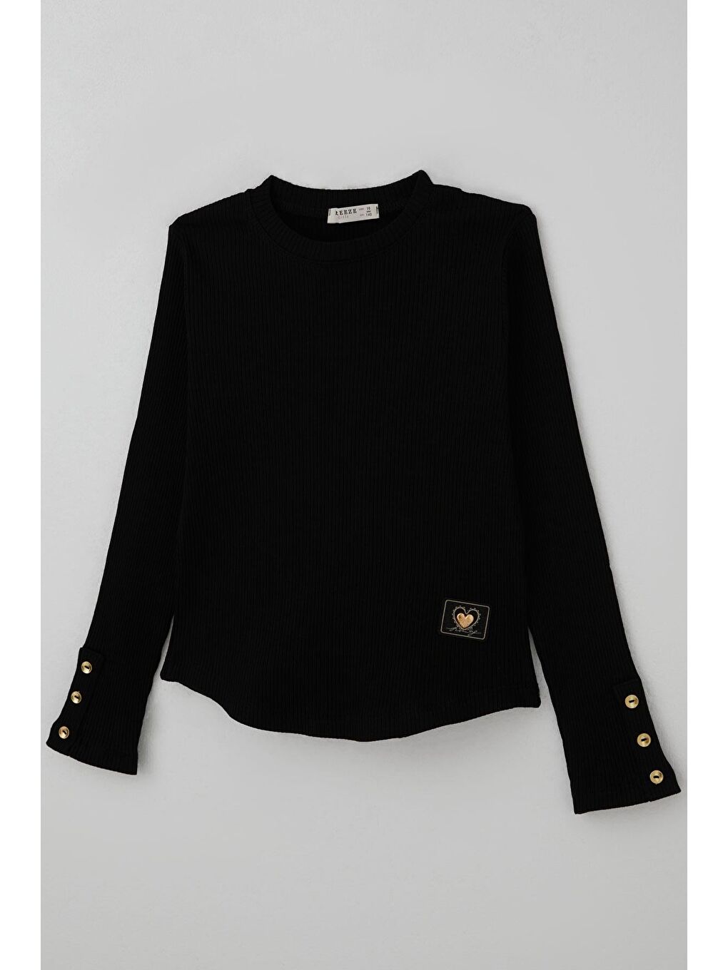 Kız Çocuk Uzun Kollu Tişört Kalp Armalı Kolları Düğme Aksesuar Detaylı Siyah (9-14 Yaş)-2
