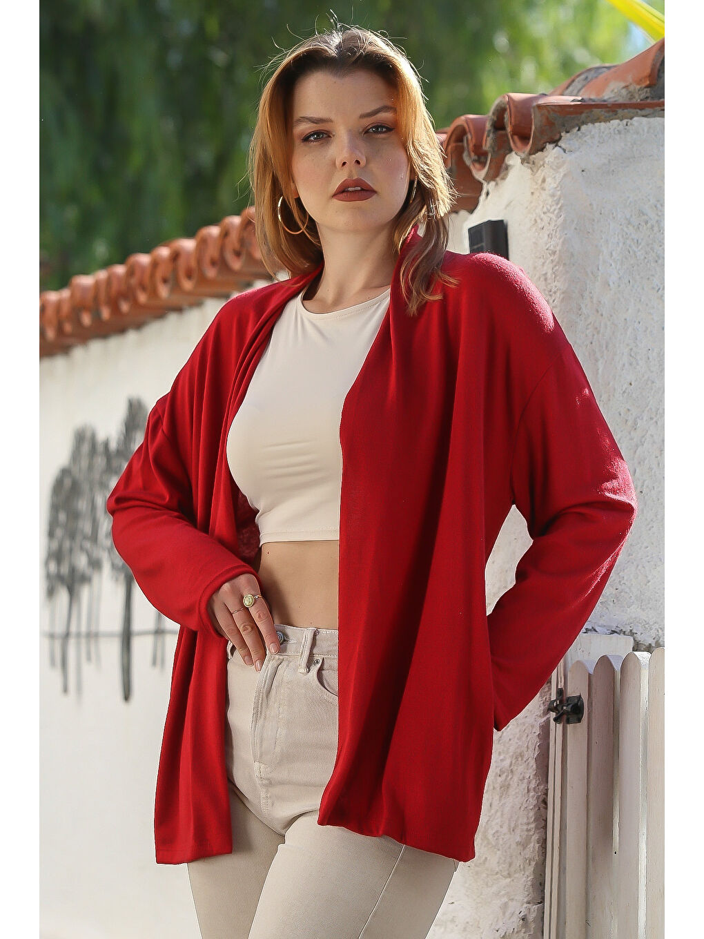 İtalyan Koyu Kırmızı Yakasız Uzun Kol Kapamasız Cepli Casual Triko Hırka 67 72-2