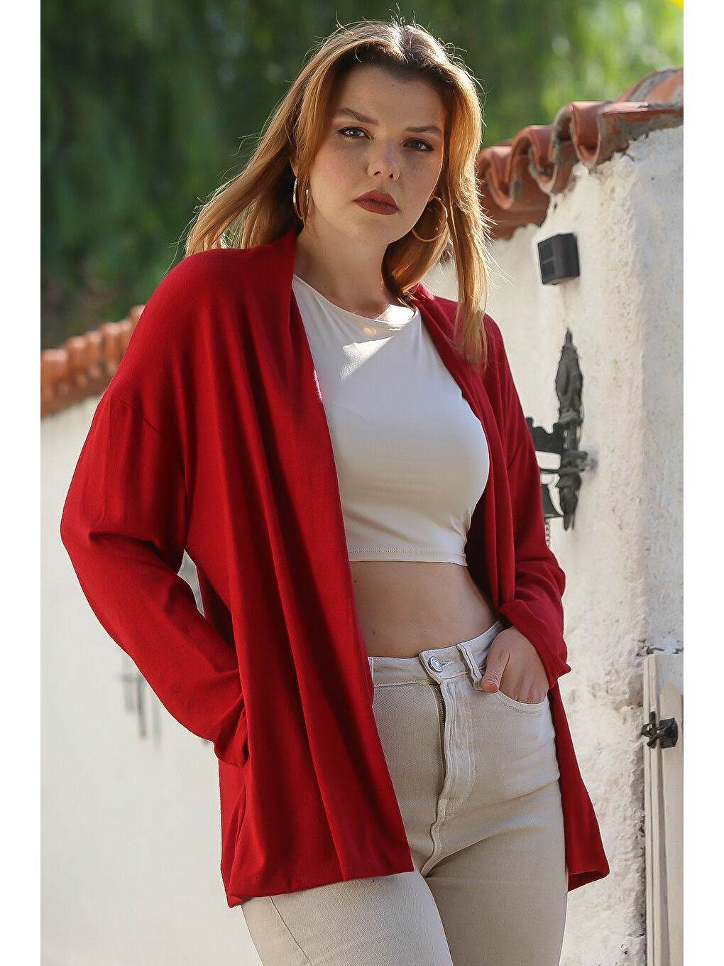 İtalyan Koyu Kırmızı Yakasız Uzun Kol Kapamasız Cepli Casual Triko Hırka 67 72-4