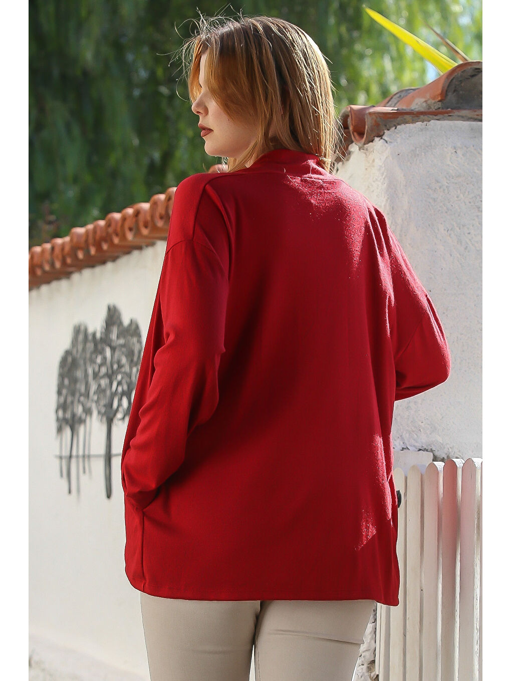 İtalyan Koyu Kırmızı Yakasız Uzun Kol Kapamasız Cepli Casual Triko Hırka 67 72-5