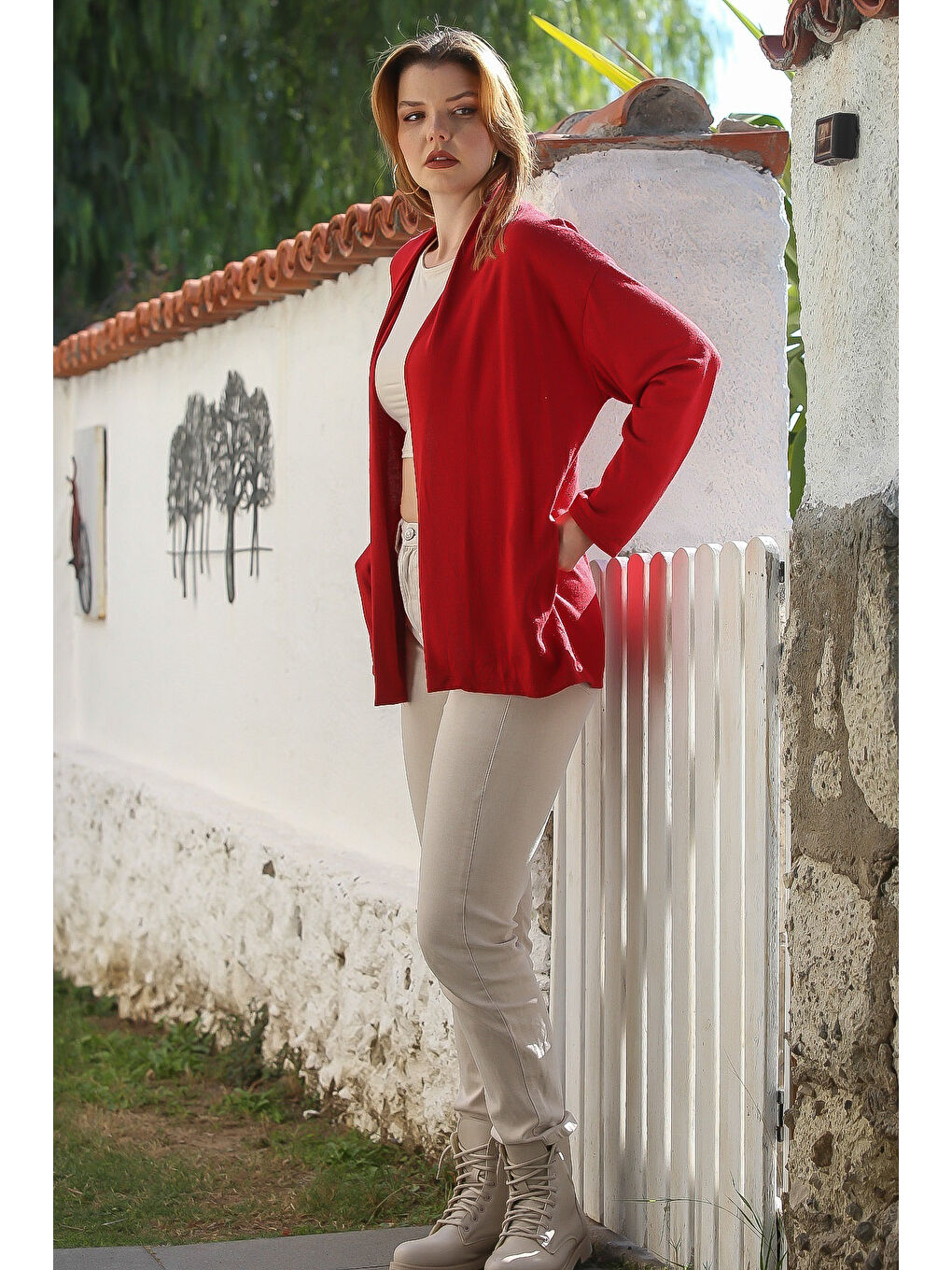 İtalyan Koyu Kırmızı Yakasız Uzun Kol Kapamasız Cepli Casual Triko Hırka 67 72-6