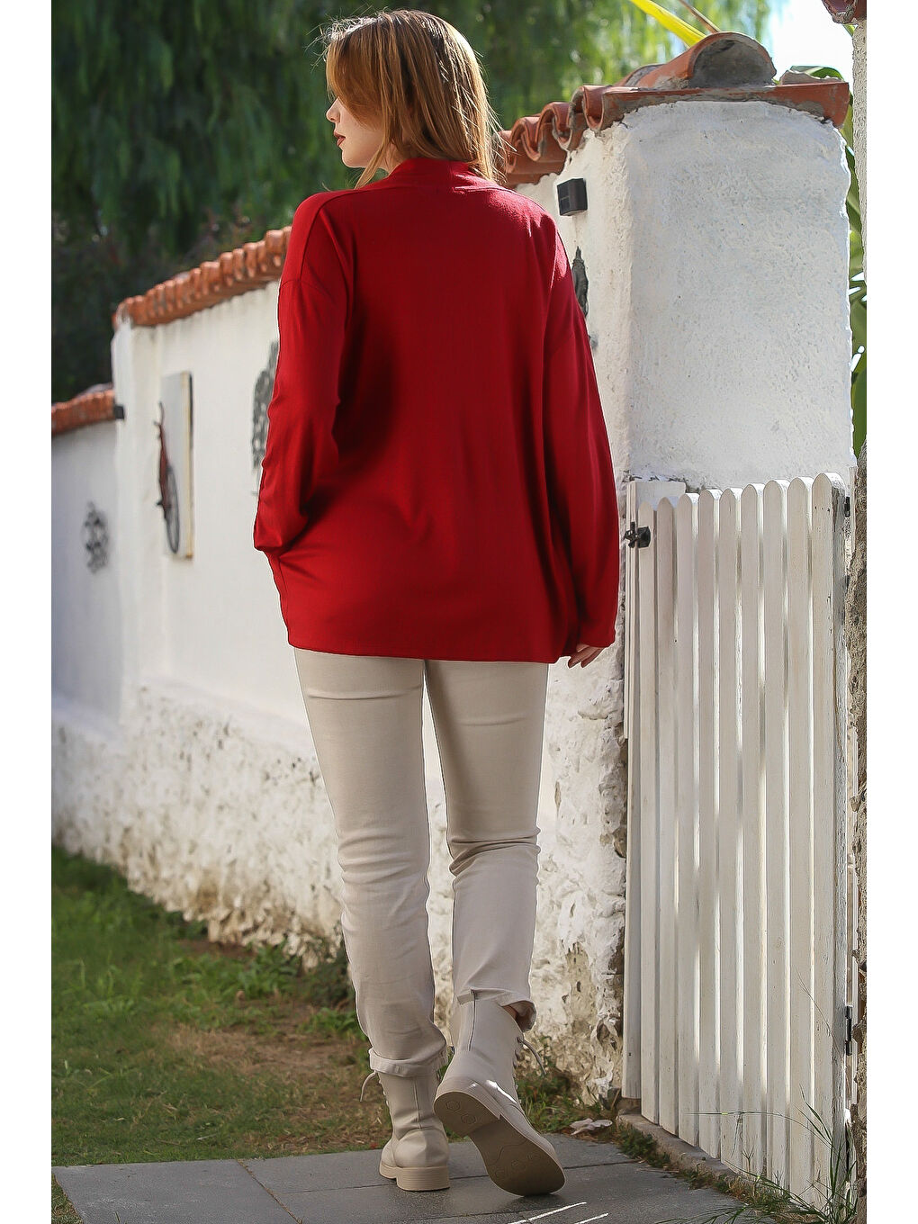 İtalyan Koyu Kırmızı Yakasız Uzun Kol Kapamasız Cepli Casual Triko Hırka 67 72-7