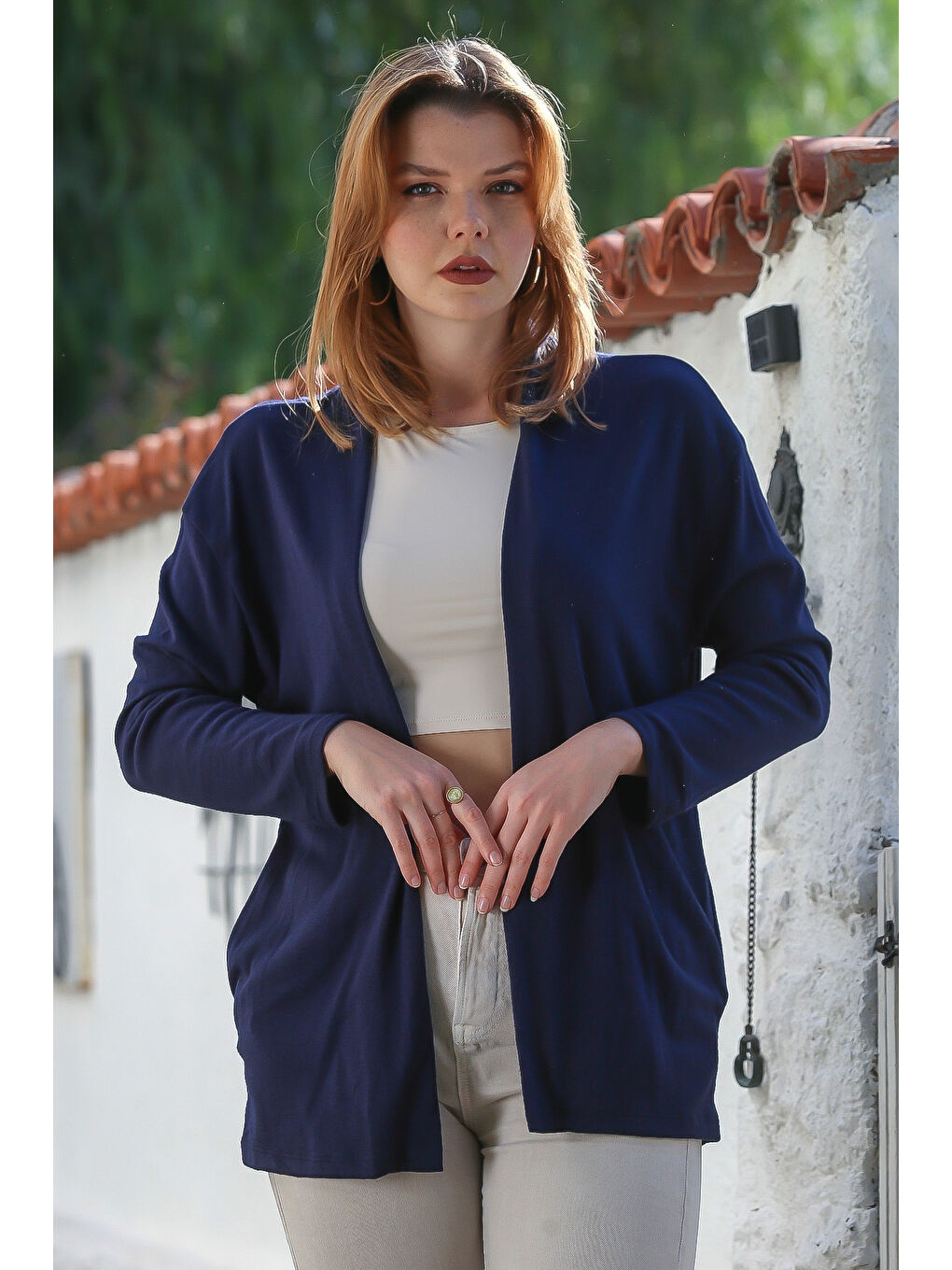 İtalyan Lacivert Yakasız Uzun Kol Kapamasız Cepli Casual Triko Hırka 67 72-1