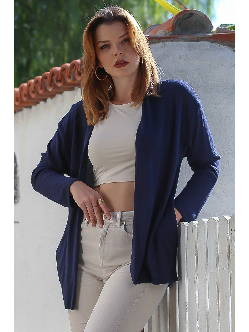 İtalyan Lacivert Yakasız Uzun Kol Kapamasız Cepli Casual Triko Hırka 67 72-2