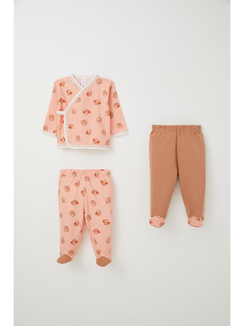 Pembe Kız Bebek Hastane Çıkışı 3Lü Sevimli Kuş Desenli Somon (0-4 Ay)