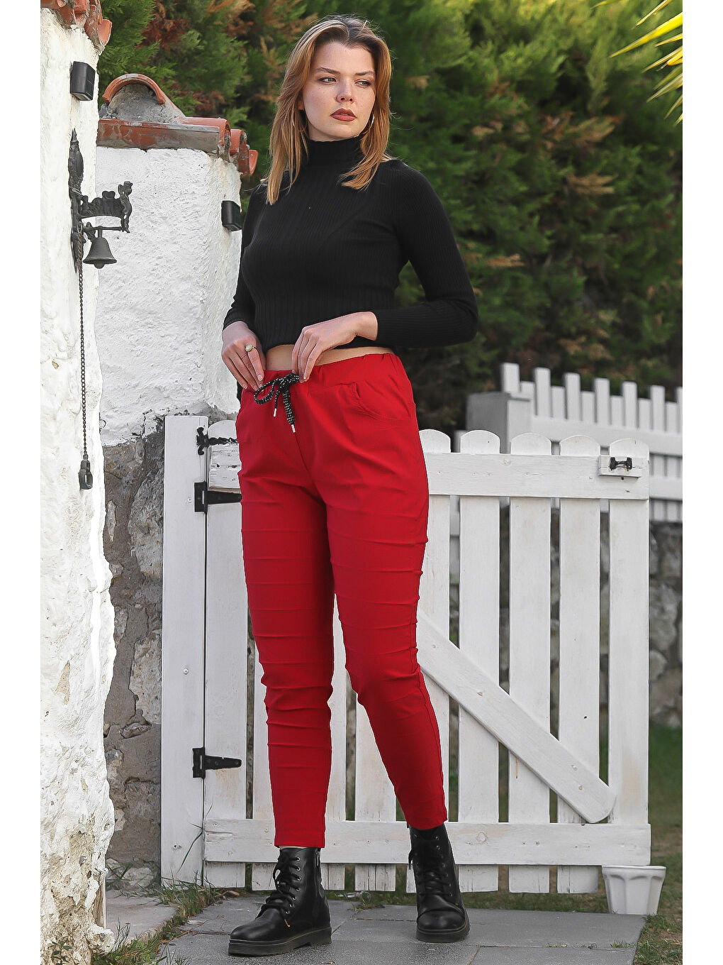 Kırmızı Cepli Yıkamalı Lastikli Ve Bağlamalı Bel Dar Paça Casual Dokuma Pantolon 99 60-1