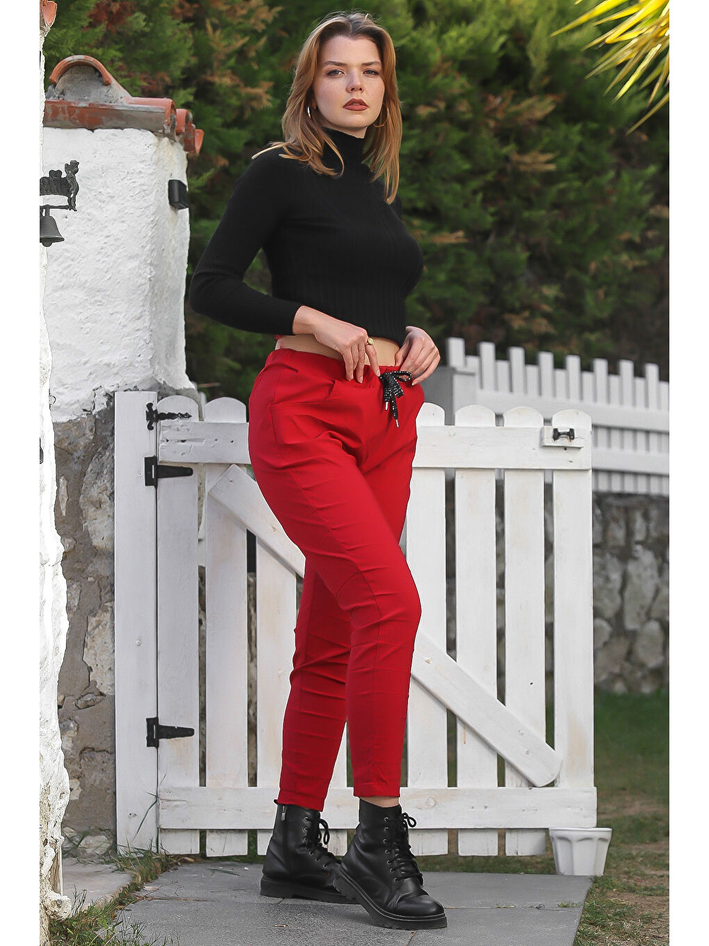 Kırmızı Cepli Yıkamalı Lastikli Ve Bağlamalı Bel Dar Paça Casual Dokuma Pantolon 99 60-2