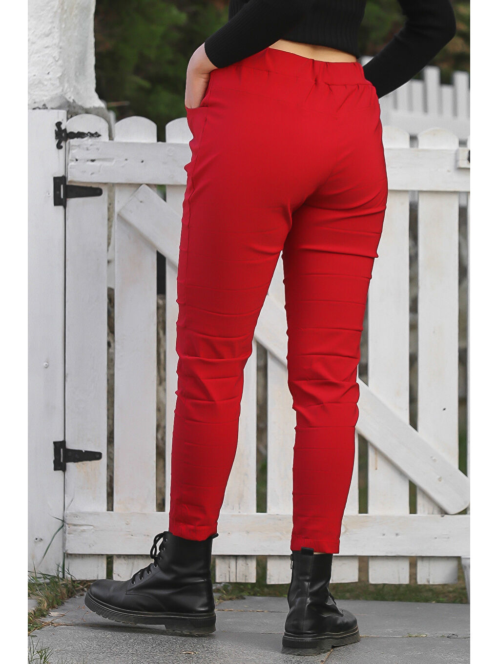 Kırmızı Cepli Yıkamalı Lastikli Ve Bağlamalı Bel Dar Paça Casual Dokuma Pantolon 99 60-4