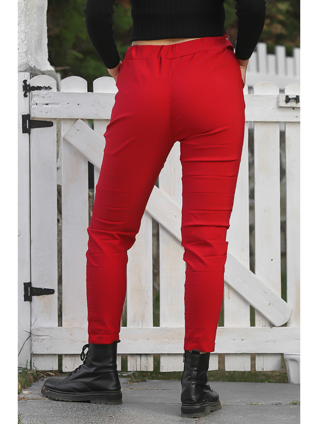 Kırmızı Cepli Yıkamalı Lastikli Ve Bağlamalı Bel Dar Paça Casual Dokuma Pantolon 99 60-5