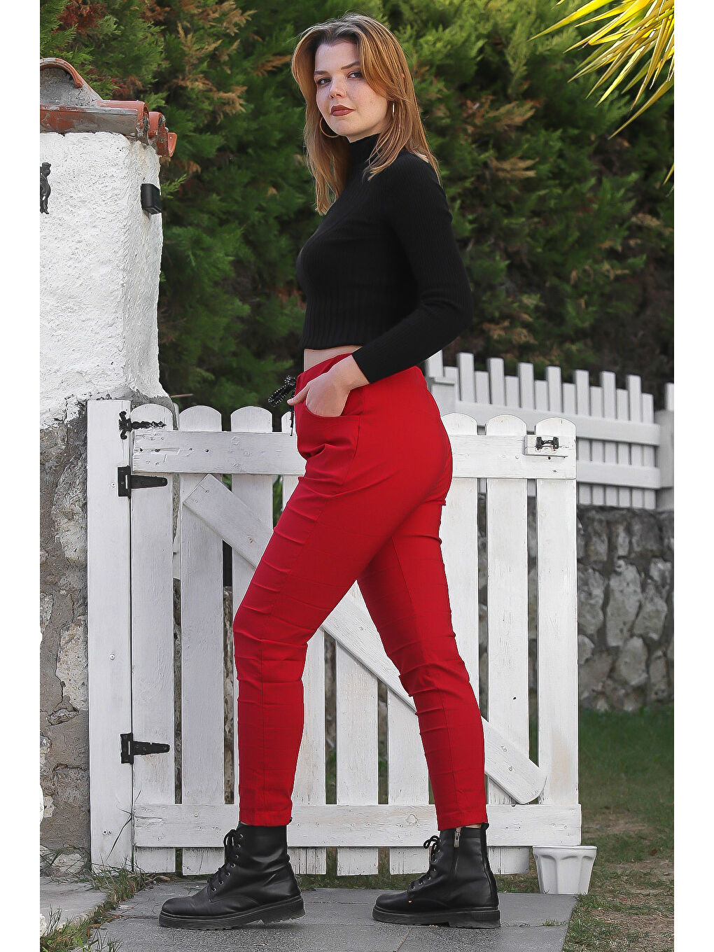 Kırmızı Cepli Yıkamalı Lastikli Ve Bağlamalı Bel Dar Paça Casual Dokuma Pantolon 99 60-6