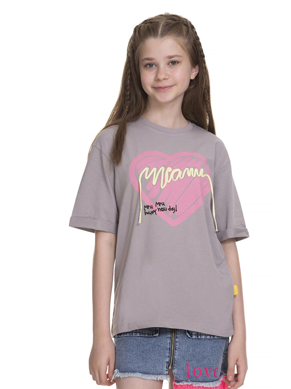 Gri Kız Çocuk Kalp Baskılı T-Shirt 8-14 Yaş