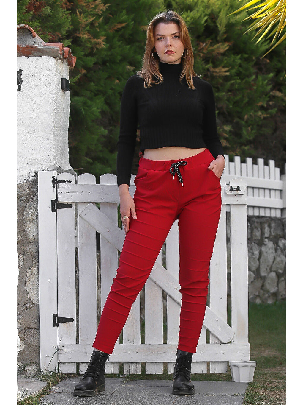 Kırmızı Cepli Yıkamalı Lastikli Ve Bağlamalı Bel Dar Paça Casual Dokuma Pantolon 99 60-7