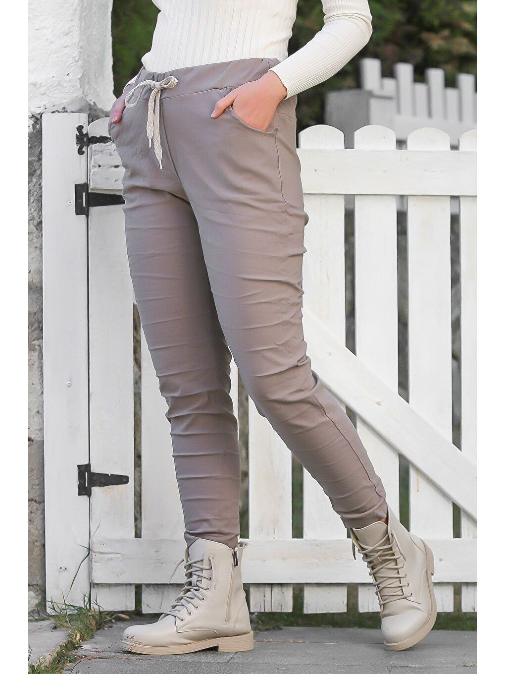 Bej Vizon Cepli Yıkamalı Lastikli Ve Bağlamalı Bel Dar Paça Casual Dokuma Pantolon 99 60-1