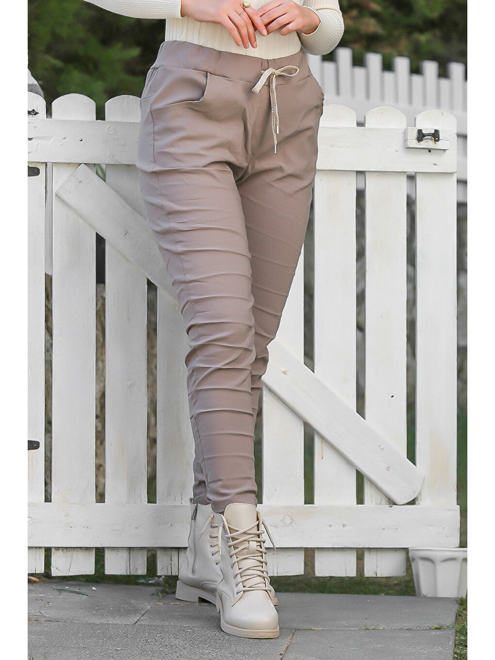 Bej Vizon Cepli Yıkamalı Lastikli Ve Bağlamalı Bel Dar Paça Casual Dokuma Pantolon 99 60-2