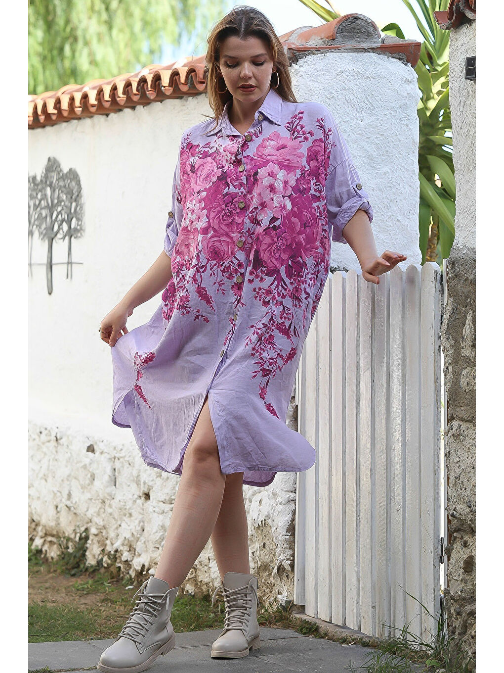 İtalyan Lila Gömlek Yaka Düğmeli Uzun Kollu Çiçekli Dijital Baskılı Keten Dokuma Elbise 108 74
