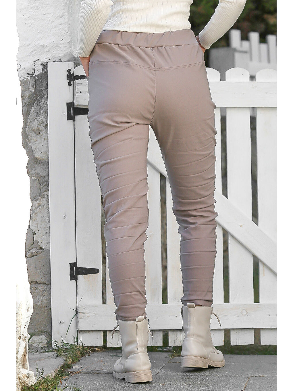 Bej Vizon Cepli Yıkamalı Lastikli Ve Bağlamalı Bel Dar Paça Casual Dokuma Pantolon 99 60-4