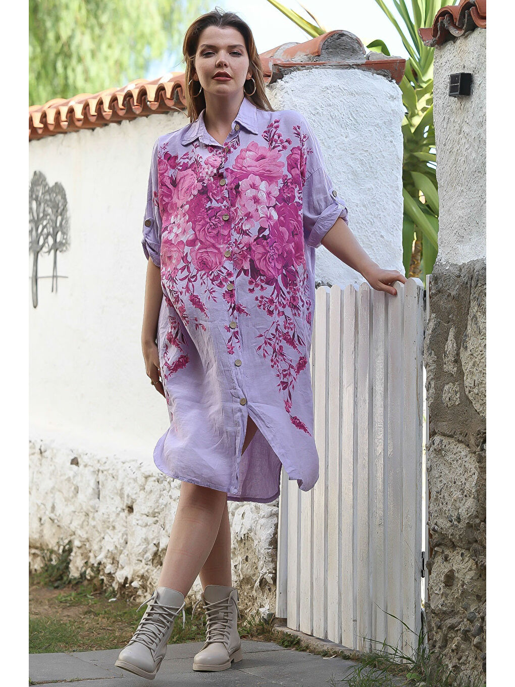 İtalyan Lila Gömlek Yaka Düğmeli Uzun Kollu Çiçekli Dijital Baskılı Keten Dokuma Elbise 108 74-2