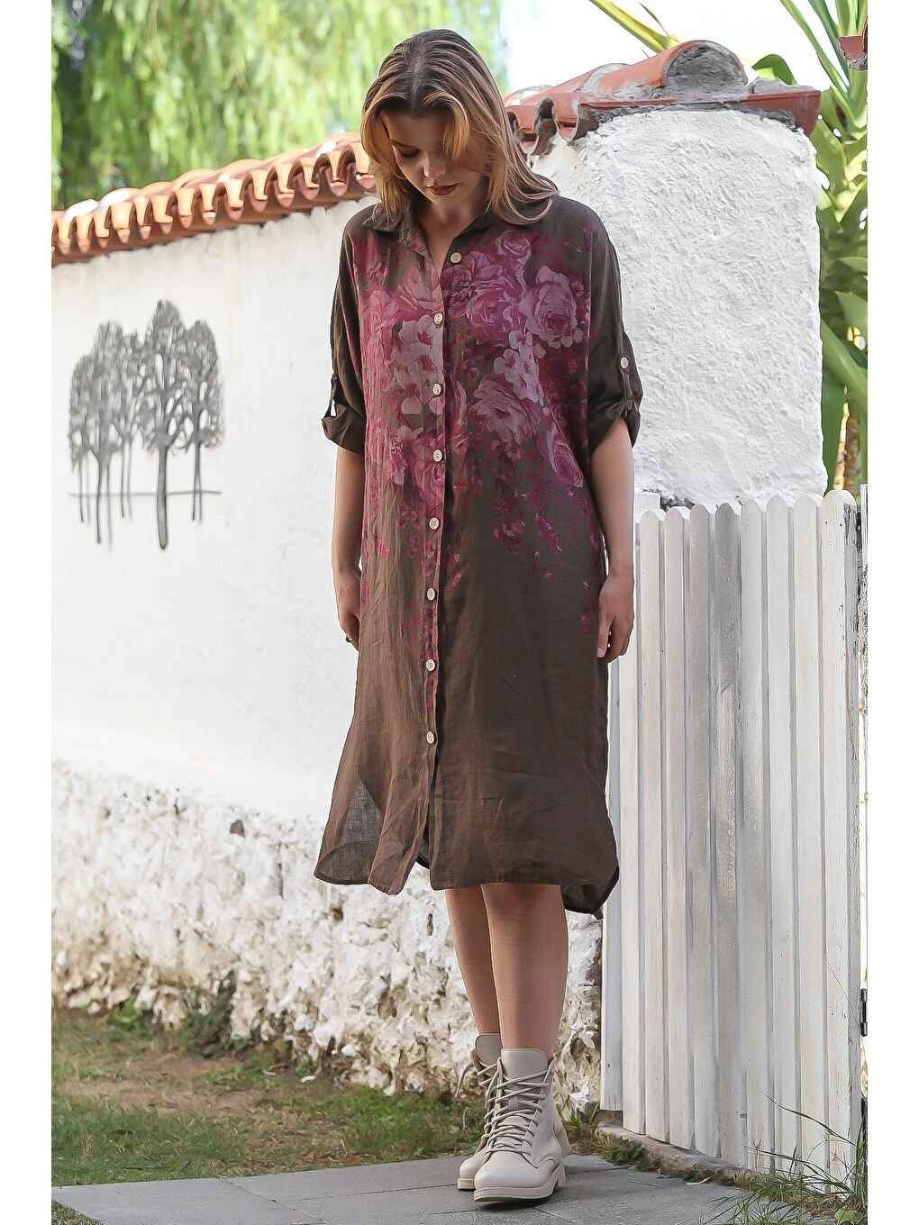 İtalyan Kahverengi Gömlek Yaka Düğmeli Uzun Kollu Çiçekli Dijital Baskılı Keten Dokuma Elbise 108 74-2