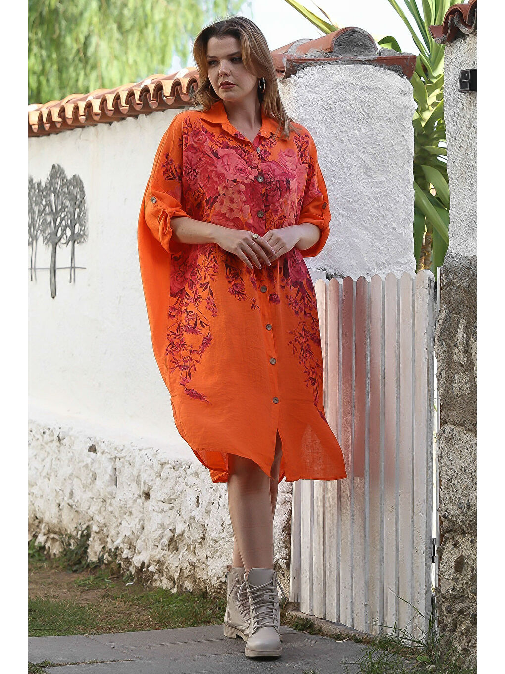 İtalyan Turuncu Gömlek Yaka Düğmeli Uzun Kollu Çiçekli Dijital Baskılı Keten Dokuma Elbise 108 74-2