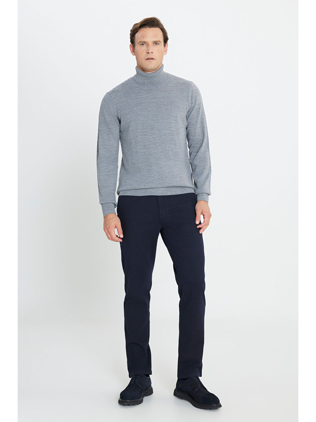 Erkek Gri Melanj Tüylenme Yapmayan Standart Fit Tam Balıkçı Yaka Triko-1