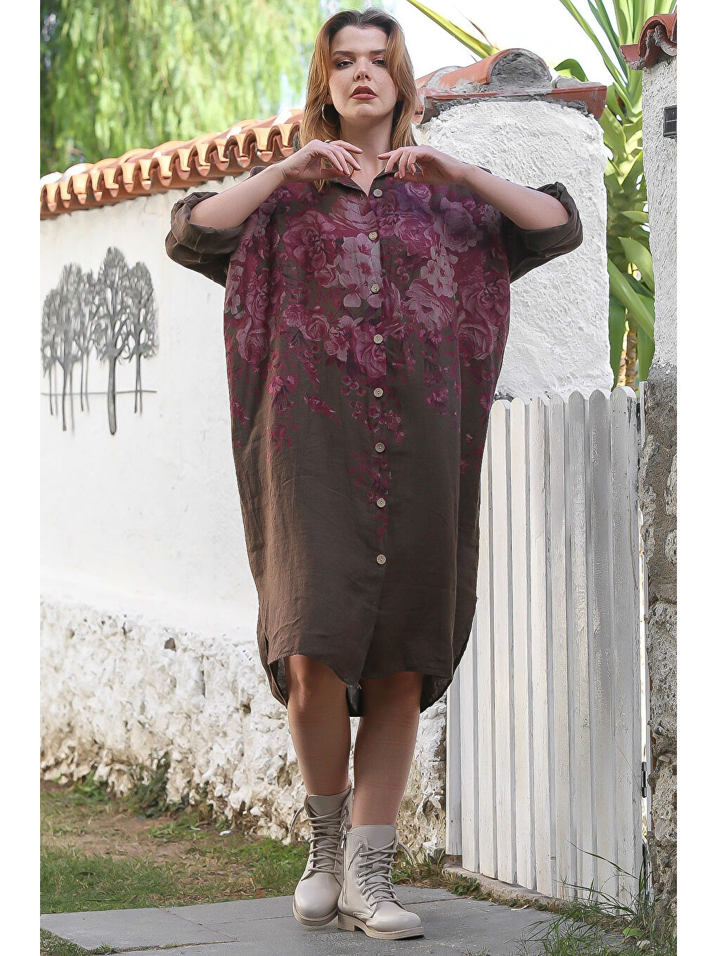 İtalyan Kahverengi Gömlek Yaka Düğmeli Uzun Kollu Çiçekli Dijital Baskılı Keten Dokuma Elbise 108 74-3