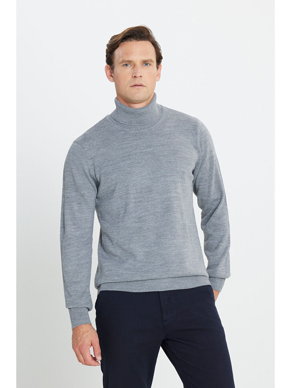 Erkek Gri Melanj Tüylenme Yapmayan Standart Fit Tam Balıkçı Yaka Triko-2