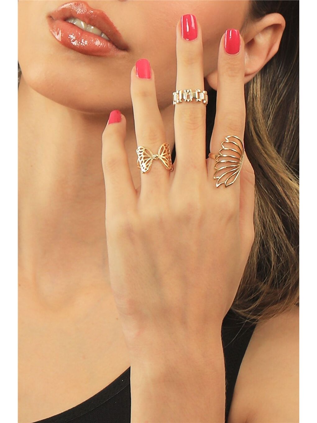 Sarı Kadın Altın Renk Lak Kaplama Ayarlanabilir Özel Ürün 3'lü Yüzük Seti-1