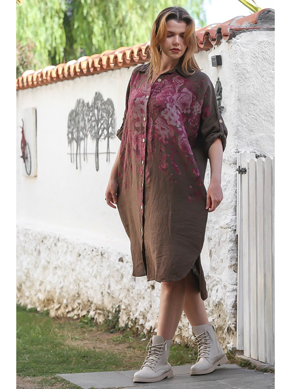 İtalyan Kahverengi Gömlek Yaka Düğmeli Uzun Kollu Çiçekli Dijital Baskılı Keten Dokuma Elbise 108 74-6