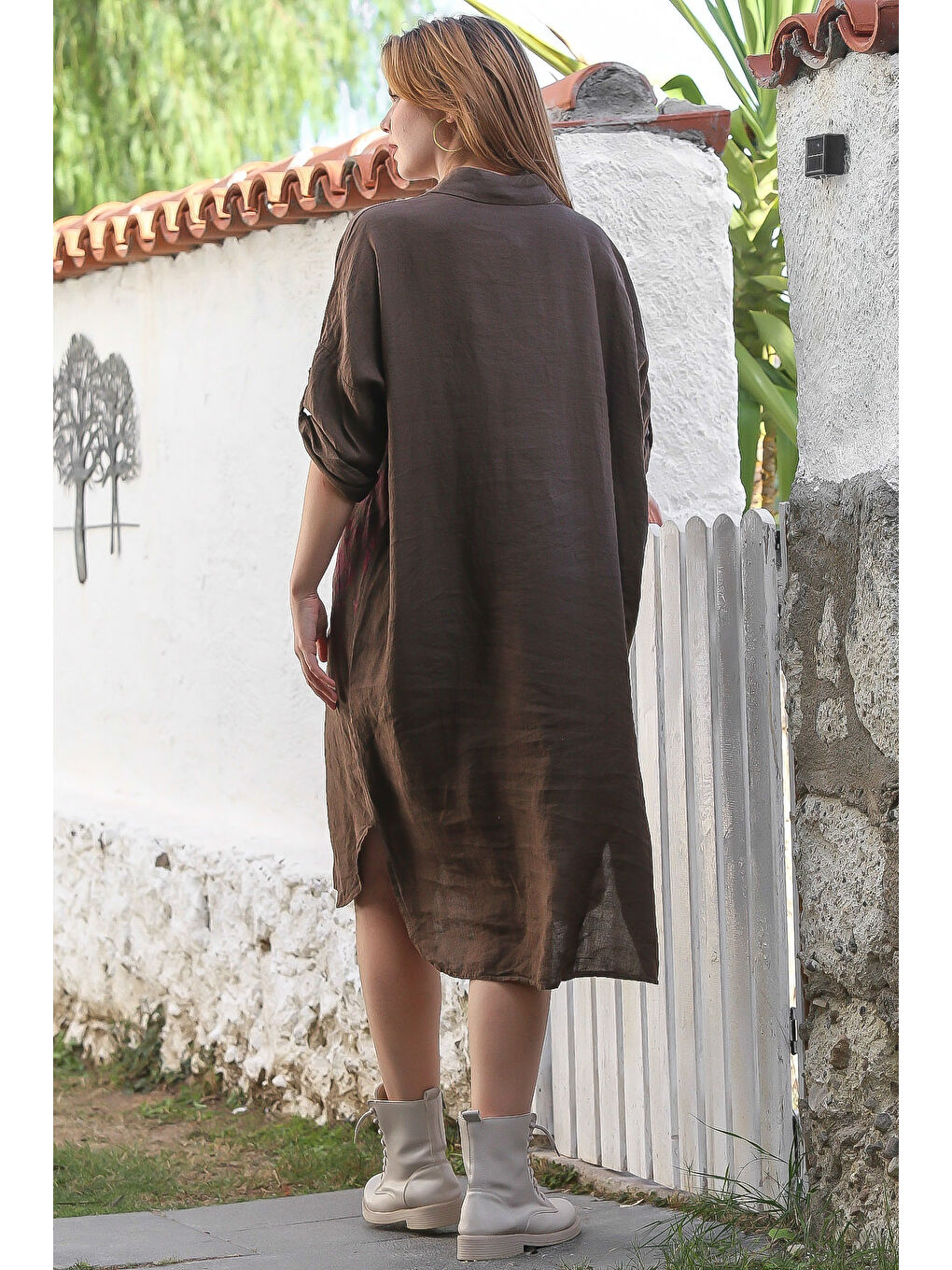 İtalyan Kahverengi Gömlek Yaka Düğmeli Uzun Kollu Çiçekli Dijital Baskılı Keten Dokuma Elbise 108 74-7