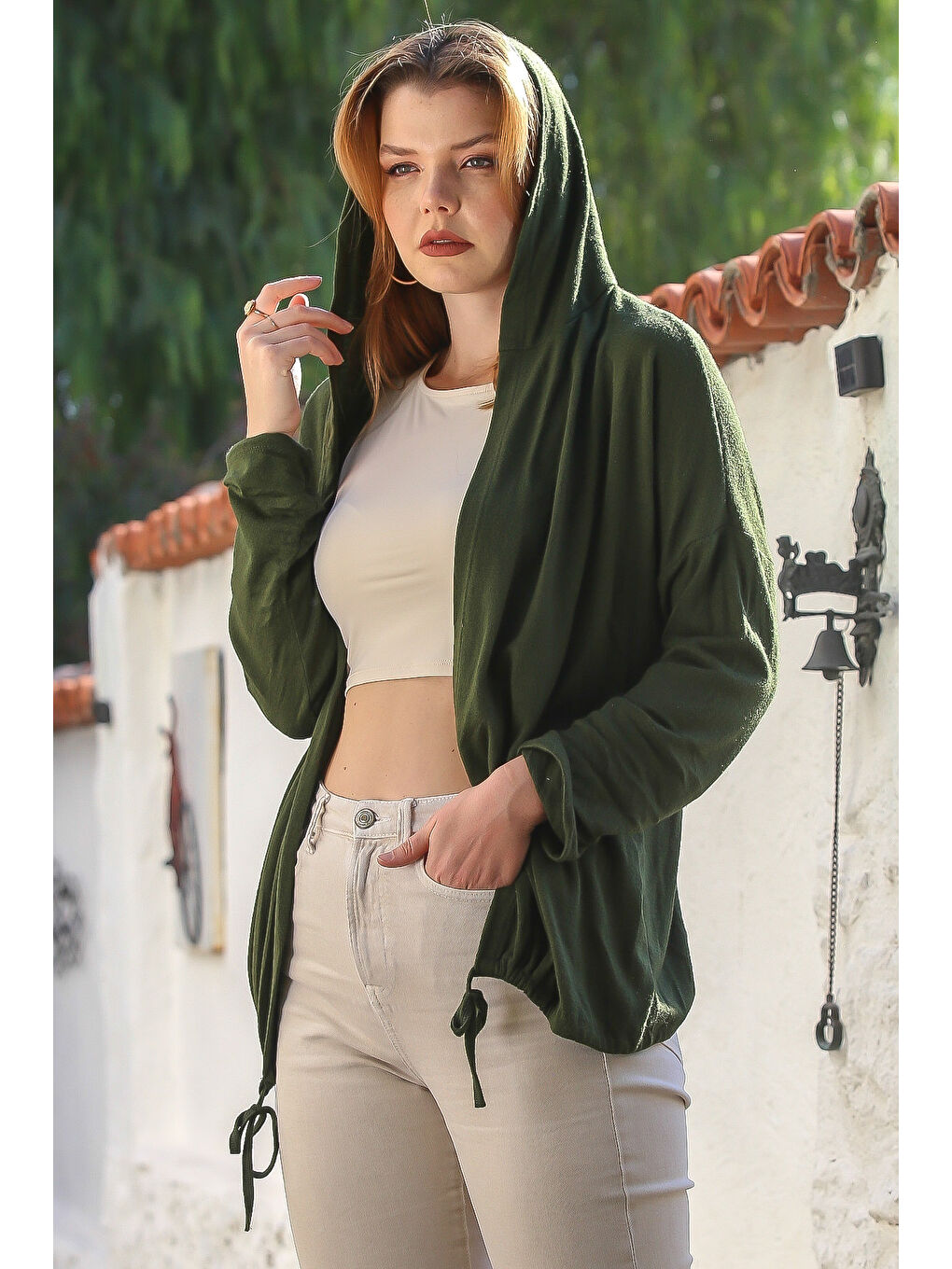 İtalyan Koyu Yeşil Kapüşonlu Uzun Kol Kapamasız Etek Ucu Bağlamalı Casual Triko Hırka 67 72-1