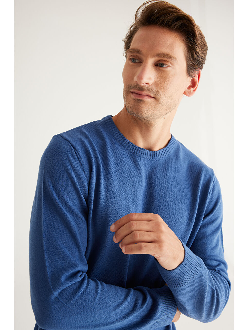 Erkek İndigo Anti-Pilling Tüylenme Yapmayan Standart Fit Normal Kesim Bisiklet Yaka Triko Kazak-2