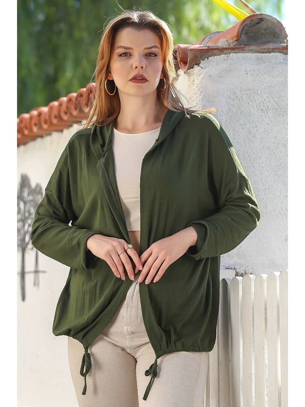 İtalyan Koyu Yeşil Kapüşonlu Uzun Kol Kapamasız Etek Ucu Bağlamalı Casual Triko Hırka 67 72-2