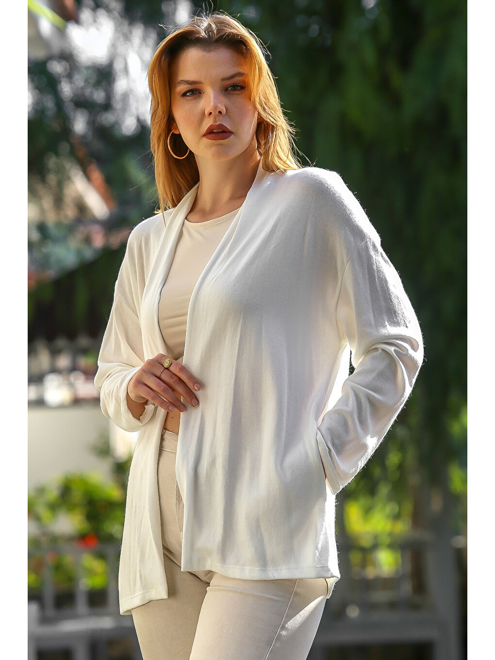 İtalyan Ekru Yakasız Uzun Kol Kapamasız Cepli Casual Triko Hırka 67 72-1