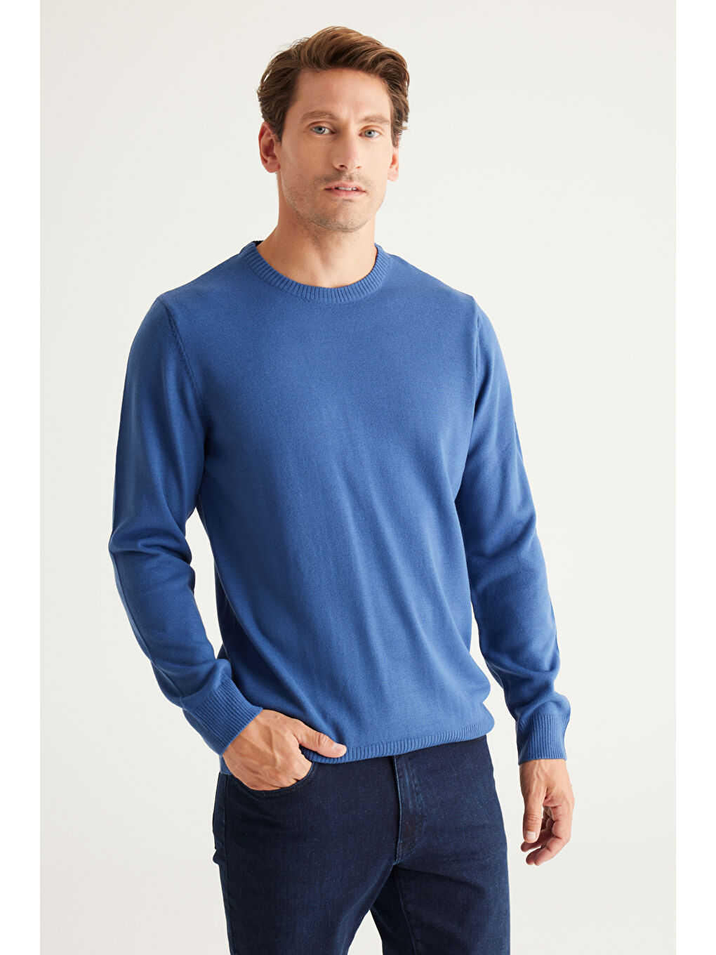 Erkek İndigo Anti-Pilling Tüylenme Yapmayan Standart Fit Normal Kesim Bisiklet Yaka Triko Kazak-3