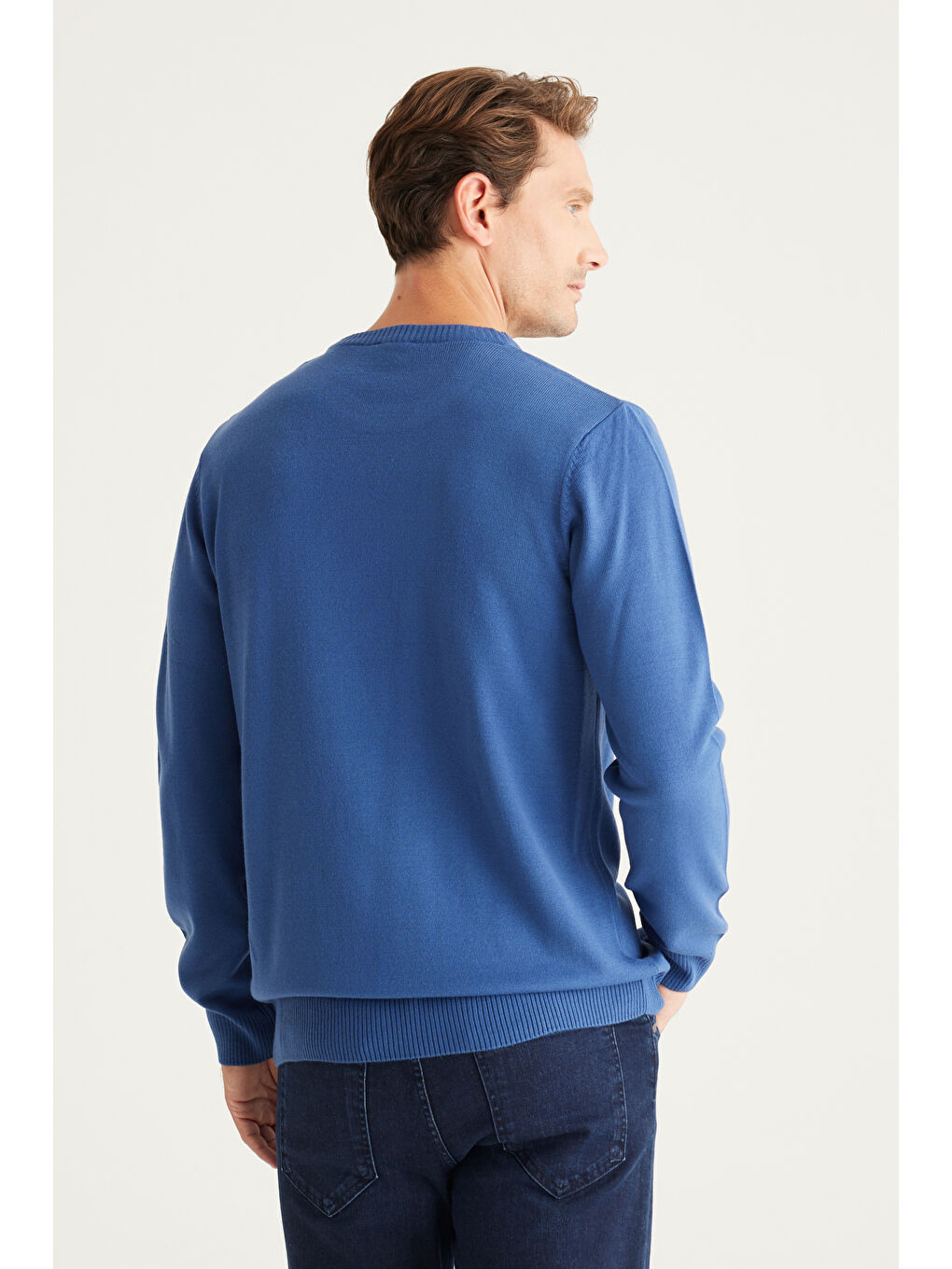 Erkek İndigo Anti-Pilling Tüylenme Yapmayan Standart Fit Normal Kesim Bisiklet Yaka Triko Kazak-4