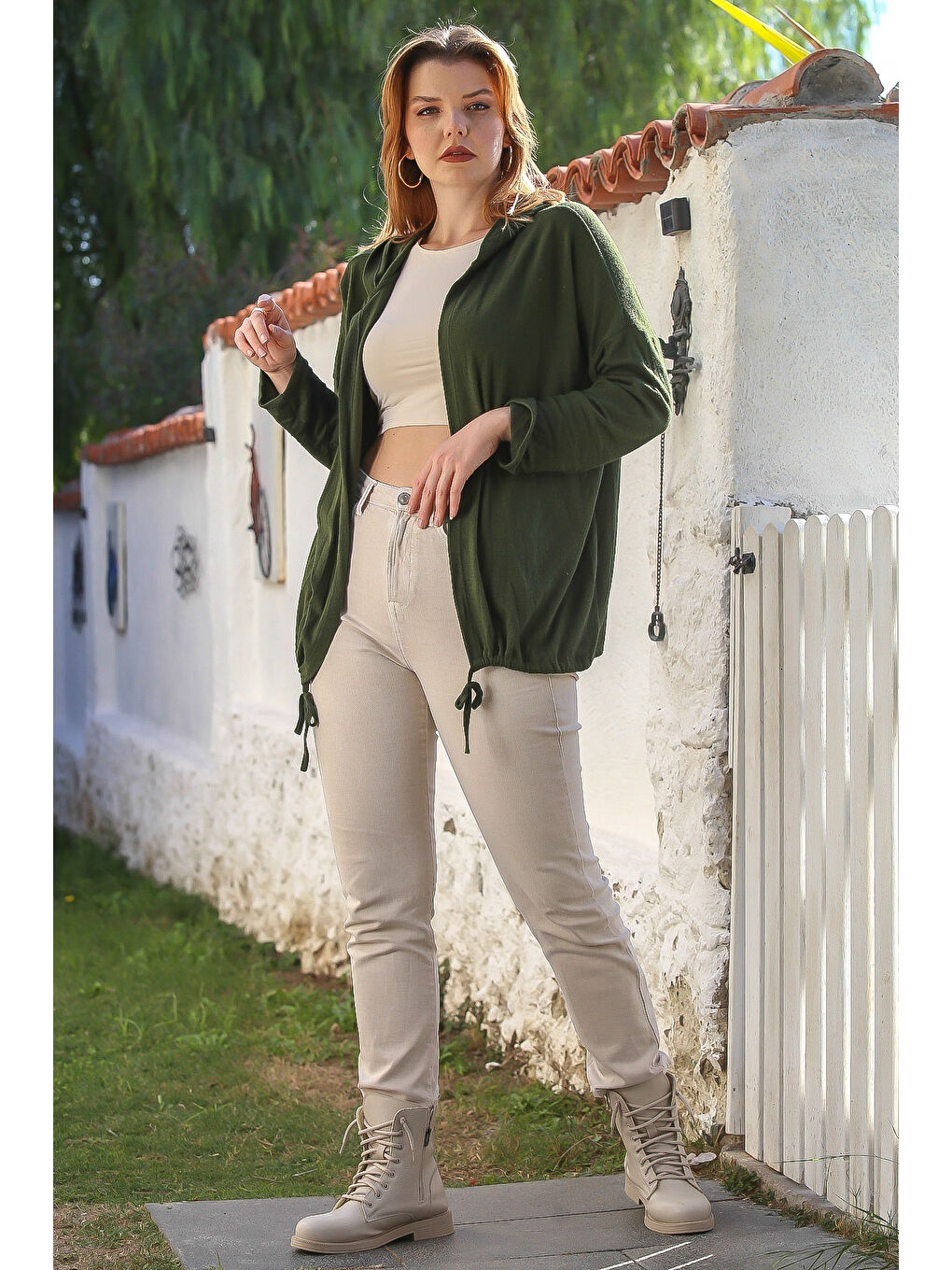 İtalyan Koyu Yeşil Kapüşonlu Uzun Kol Kapamasız Etek Ucu Bağlamalı Casual Triko Hırka 67 72-3