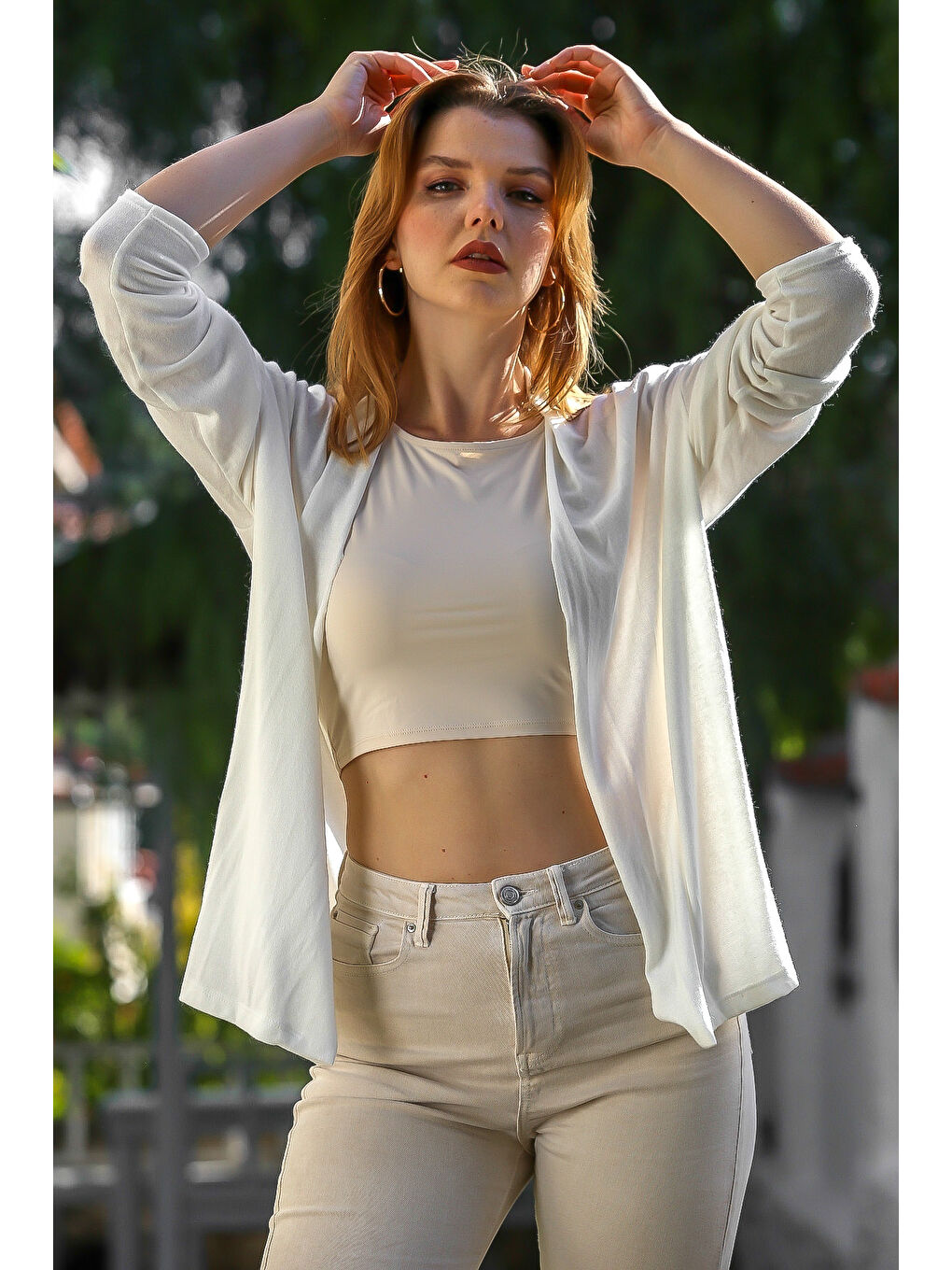 İtalyan Ekru Yakasız Uzun Kol Kapamasız Cepli Casual Triko Hırka 67 72-2