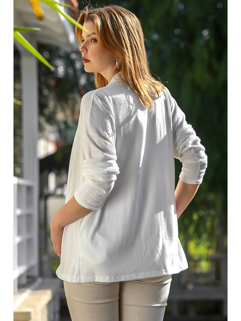 İtalyan Ekru Yakasız Uzun Kol Kapamasız Cepli Casual Triko Hırka 67 72-3