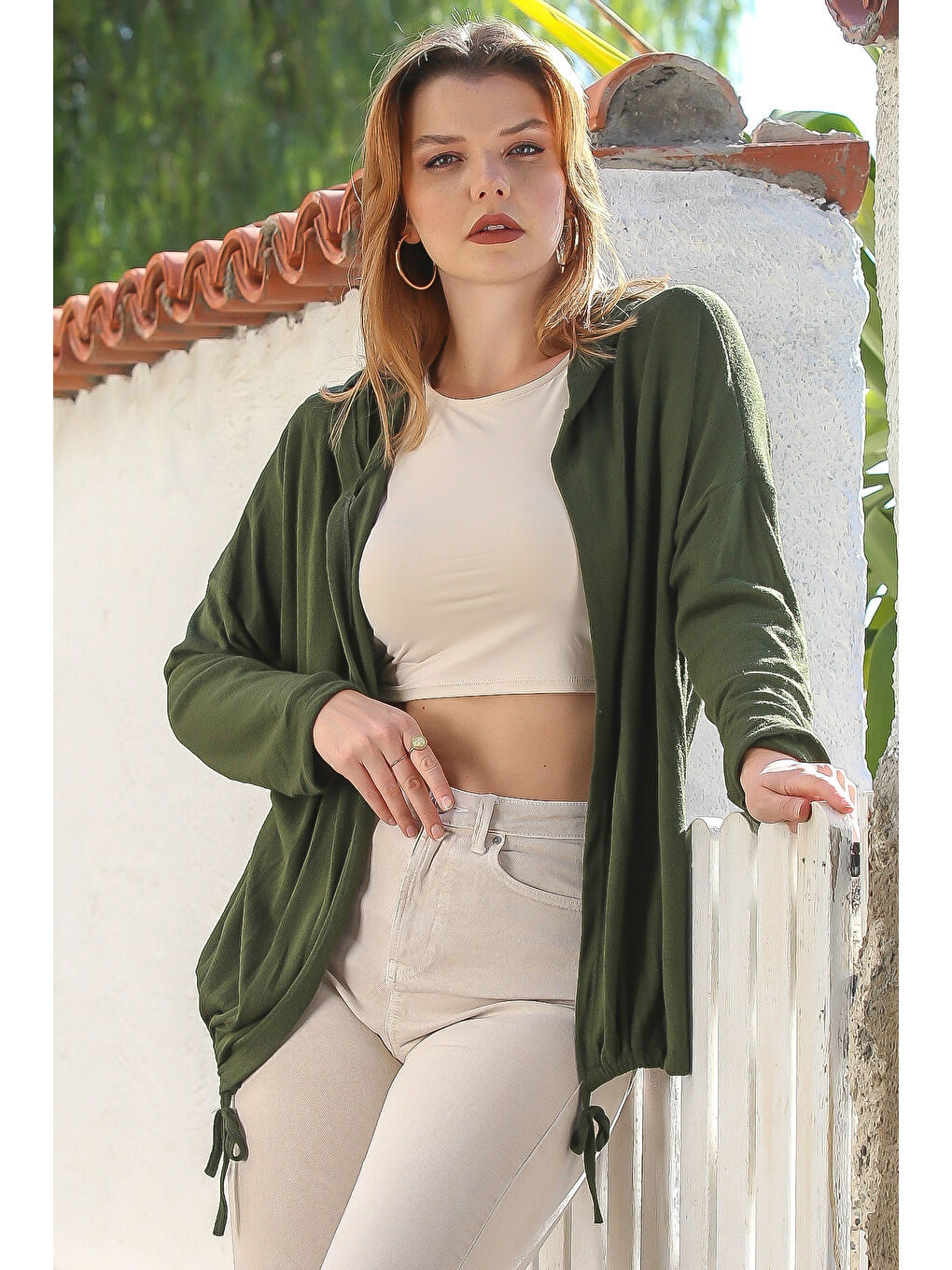 İtalyan Koyu Yeşil Kapüşonlu Uzun Kol Kapamasız Etek Ucu Bağlamalı Casual Triko Hırka 67 72-4