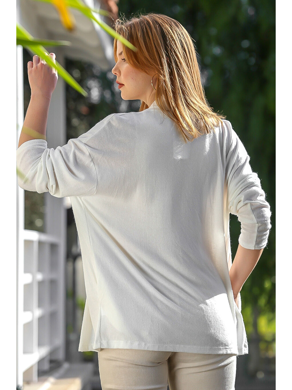 İtalyan Ekru Yakasız Uzun Kol Kapamasız Cepli Casual Triko Hırka 67 72-4