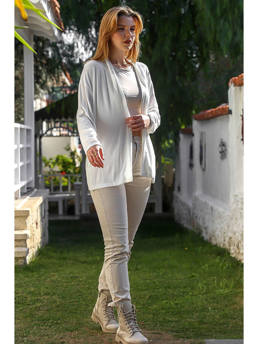 İtalyan Ekru Yakasız Uzun Kol Kapamasız Cepli Casual Triko Hırka 67 72-5