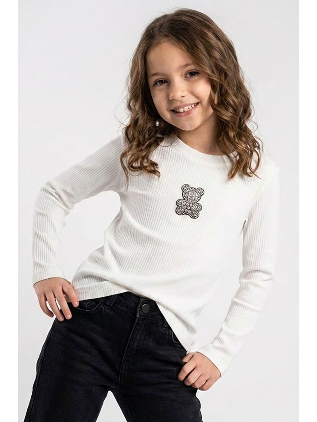 Kız Çocuk Uzun Kollu Tişört Taşlı Işıltılı Ayıcık Aplike Armalı Ekru (5-10 Yaş)